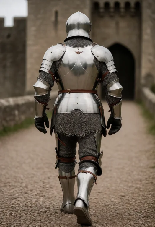 Rear View Of A Knight In Full Plate Armor Showing The Backpl...