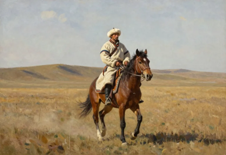 A Mongol Rider Crossing An Endless Steppe, Impressionist Sty...