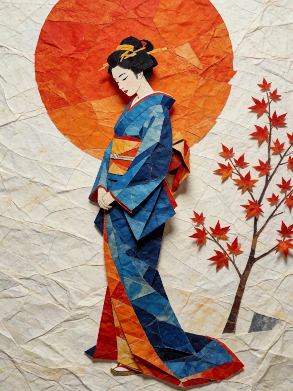 A Traditional Japanese Chigiri-e Style Artwork Made Of Torn...