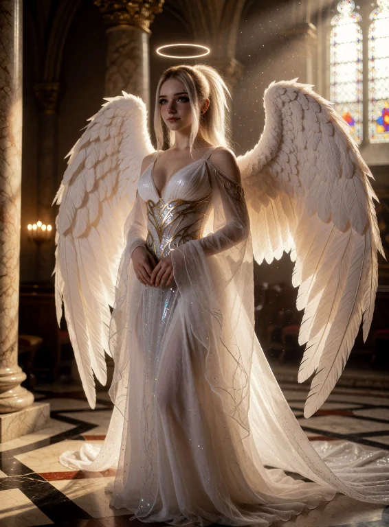 A Cinematic Shot Of Valindia As An Angel, Standing In A Gran...