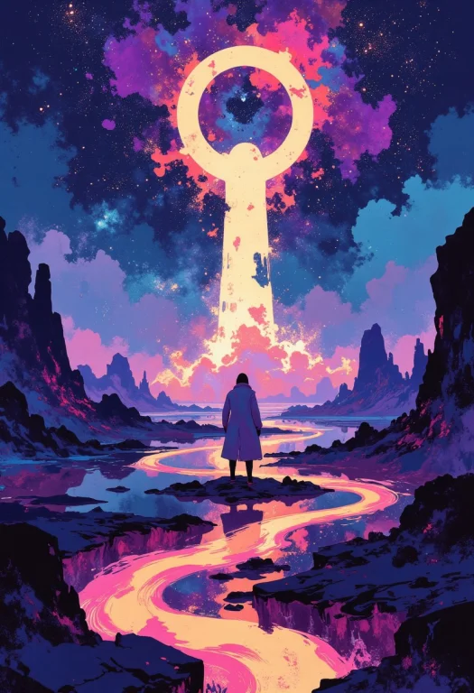 A Cosmic And Surreal Landscape Featuring A Lone Human Figure...