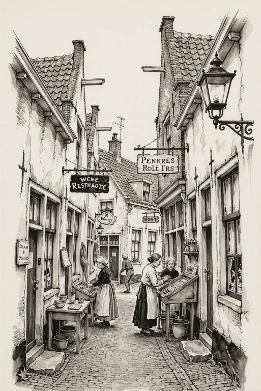 A Narrow Old Dutch Street Lined With Leaning Houses, Hanging...