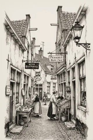 Dutch Street Pen Illustration — Stable Diffusion AI Prompt: A narrow old Dutch street lined with leaning houses, hanging shop signs, small w...