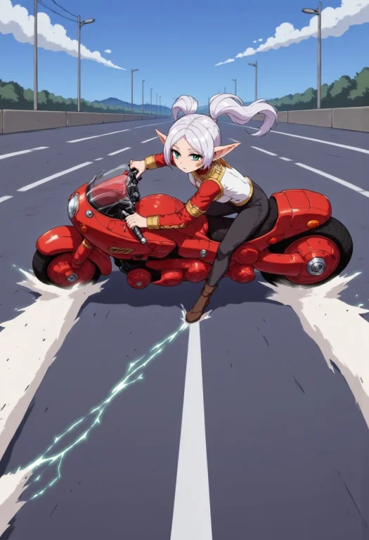 Anime Image Of A Woman Sliding Her Large Red Motorcycle Acro...