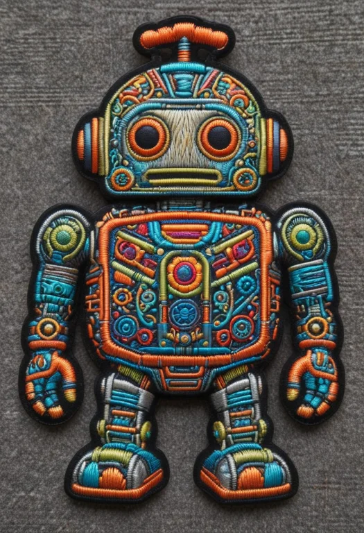 A Friendly Retro Robot Rendered As A Detailed Embroidered Pa...