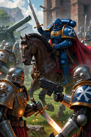 Space Marine Combat Artwork — Stable Diffusion AI Prompt: , Space Marine riding a horse through a feudal world battlefield medieval blurri...