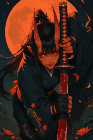 1girl, Weapon, Horns, Sword, Solo, Unsheathing, Moon, Japane... — Stable Diffusion AI Prompt: 1girl, weapon, horns, sword, solo, unsheathing, moon, japanese clothes, black ha...
