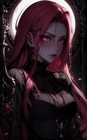 Mysterious Woman With Pink Hair, Holding A Sword, Surrounded... — Stable Diffusion AI Prompt: mysterious woman with pink hair, holding a sword, surrounded by red roses, gothi...
