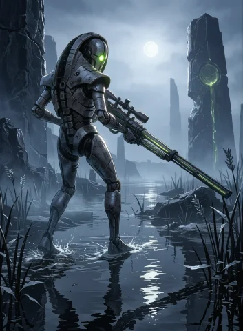 Necron Deathmark Prompt — Stable Diffusion AI Prompt: A solitary necron_deathmark moves silently across a shallow marsh of reflective...