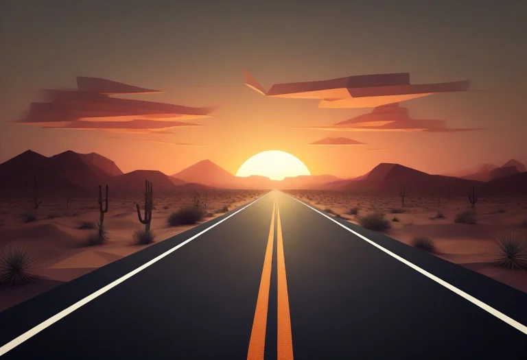 A Desert Road Running Straight Into A Sunset, Low Poly, Over...