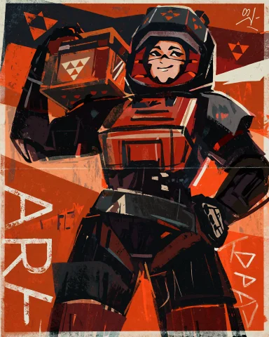 MNHR Replika Poster Art — Stable Diffusion AI Prompt: MNHR Replika, silkscreened labour poster, the MNHR unit shown from the waist up...