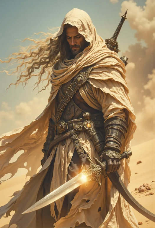 Desert Nomad, Flowing Beige Robes, Veiled Face, Glowing Dagg...
