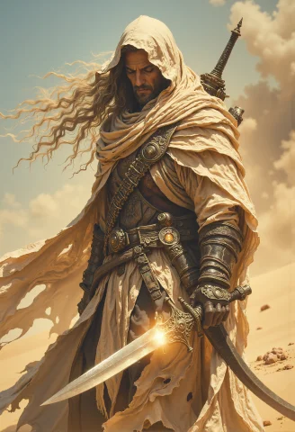 Desert Nomad, Flowing Beige Robes, Veiled Face, Glowing Dagg... — FLUX AI Prompt: Desert nomad, flowing beige robes, veiled face, glowing dagger, sandstorm backdr...