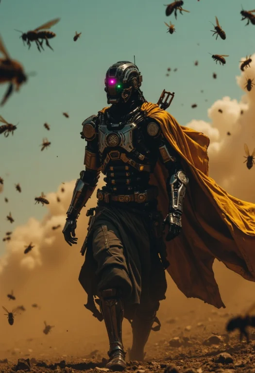 Photo Of An Elysium Robot Cyborg Samurai Amidst A Swarm Of B...