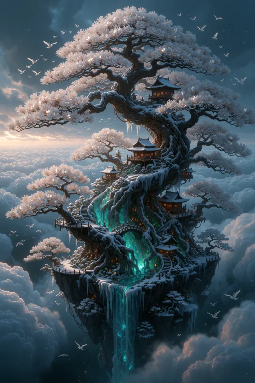 A Colossal Ancient Pine Tree Rises From A Tiny Floating Isla...