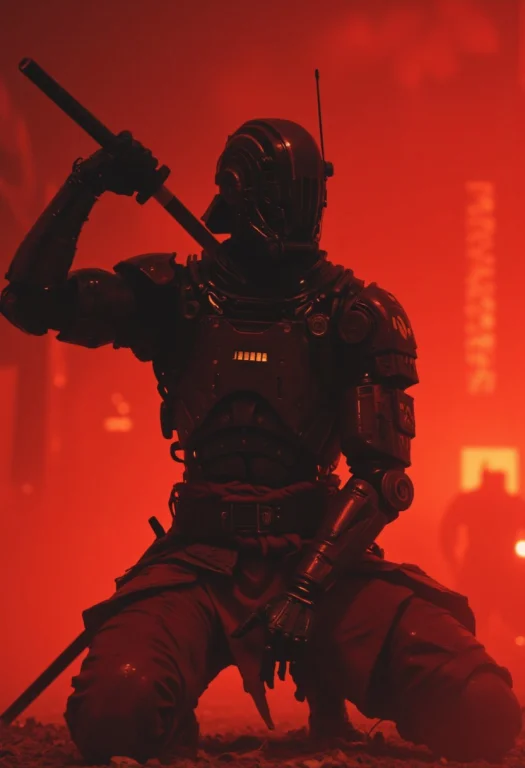 Closeup Portrait Photo Of An Elysium Robot Cyborg Samurai, M...