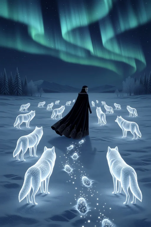 A Moonlit Tundra Filled With Frost-covered Wolves Made Of Gl...
