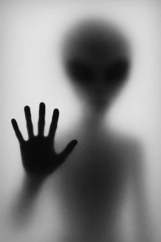 A Black And White Photograph Shows The Blurred Silhouette Of... — Stable Diffusion AI Prompt: A black and white photograph shows the blurred silhouette of an alien , behind a...