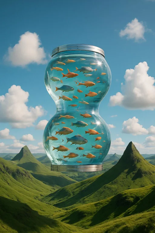 A Hyperrealistic Image Of A Large, Transparent Barrel Shaped...