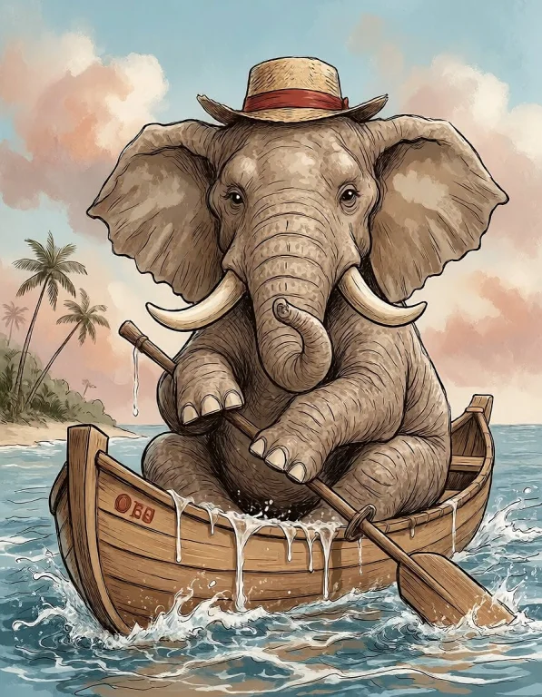 The Elephant In A Canoe A Retro Comic Illustration Of A Mass...