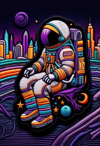 Embroidered Patch Illustration Of A Astronaut Sitting Alone... — SDXL AI Prompt: Embroidered patch illustration of a astronaut sitting alone on a dark night city...