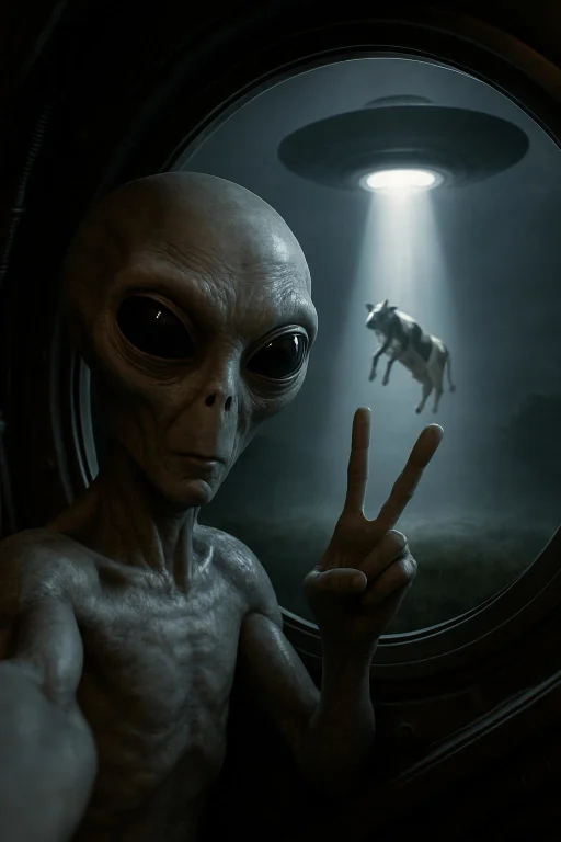 Alien Gray Taking A Selfie From Inside The Ship,making A Pea...