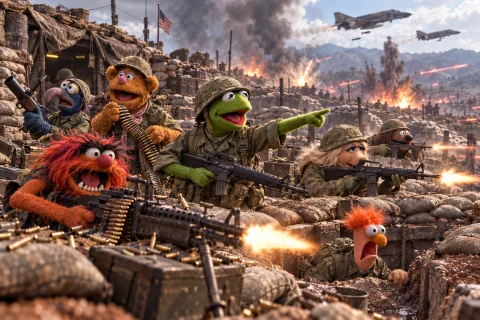 The Muppets Join The Battle For Battle Of Khe Sanh , 1968 ,... — Stable Diffusion AI Prompt: The muppets join the battle for Battle of Khe Sanh , 1968 , American marines , m...
