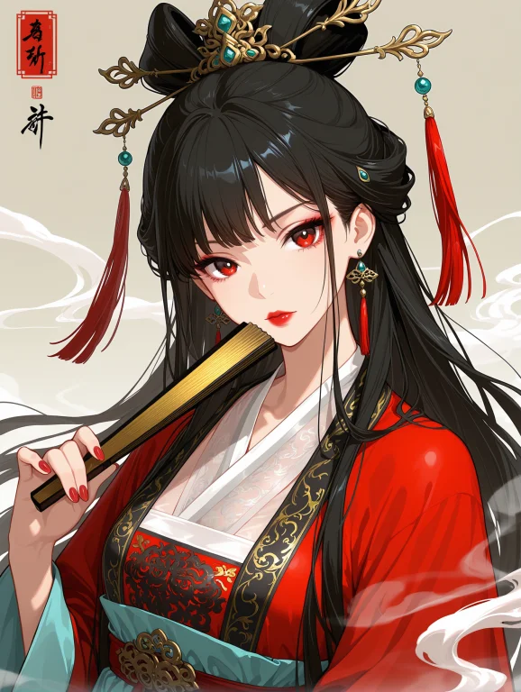1girl, Hand Fan, Solo, Black Hair, Long Hair, Jewelry, Earri...