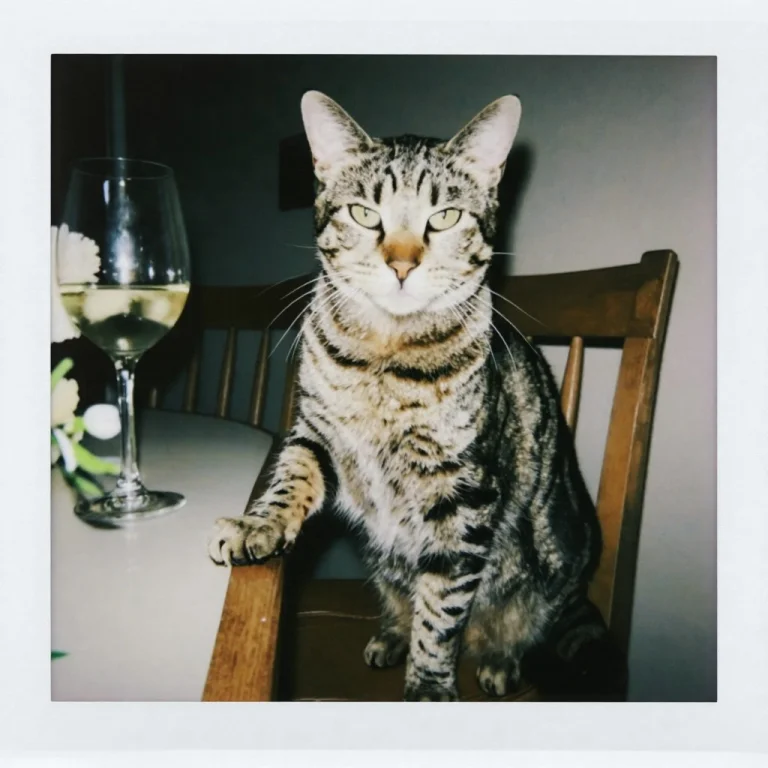 Polaroid Photo. A Confident Tabby Cat Sitting On A Wooden Ch...