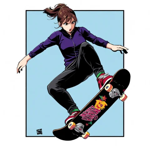 Fully Clothed Female Skateboarding While Doing A Kickflip. — Stable Diffusion AI Prompt: fully clothed female skateboarding while doing a kickflip.