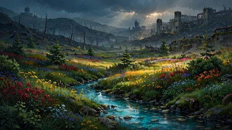 A Cinematic Polished 2d Digital Illustration Of A Vivid Wild... — Stable Diffusion AI Prompt: A cinematic polished 2D digital illustration of a vivid wild meadow in a grimdar...