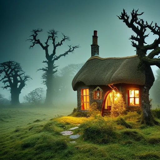 A Crooked Witchs Cottage In The Foggy Moorland, Glowing Wind...