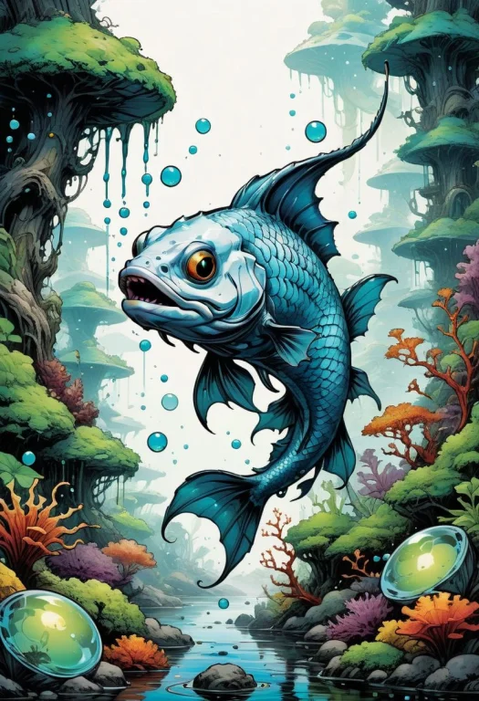 Magical Dragon Fish Inside Strange Ecosystem, Minimalistic,...