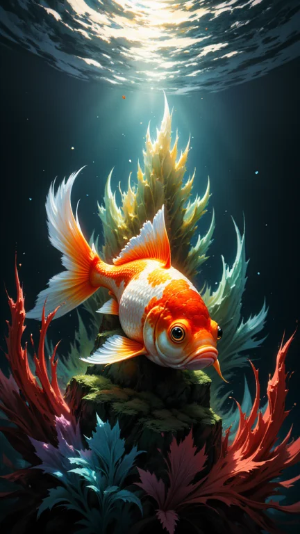 Painted World, Closeup Shot Of A Goldfish, Surrounded By A F...