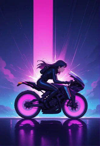 Lorack-neon-retrowave-il-0000121, In The Style Of Ck-rw, Sid... — Stable Diffusion AI Prompt: , in the style of ck-rw, side view, woman riding a motorcyle, at night, sundown...