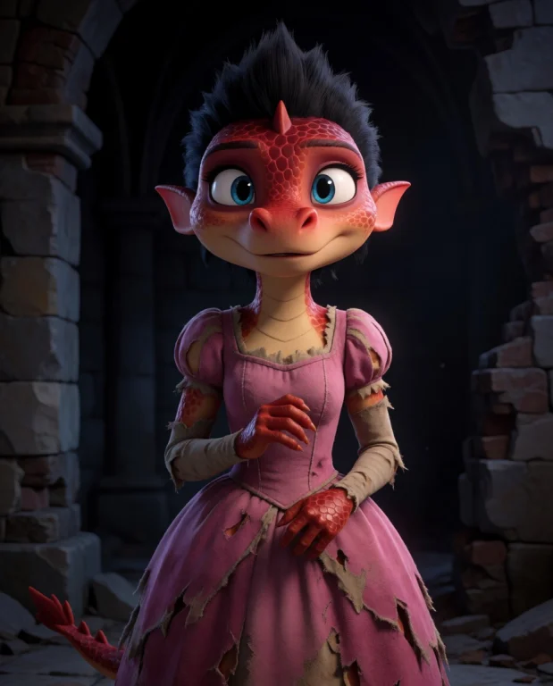 3d Pixar Cinematic Shot Of A Cute Anthro Dragon Woman With A...