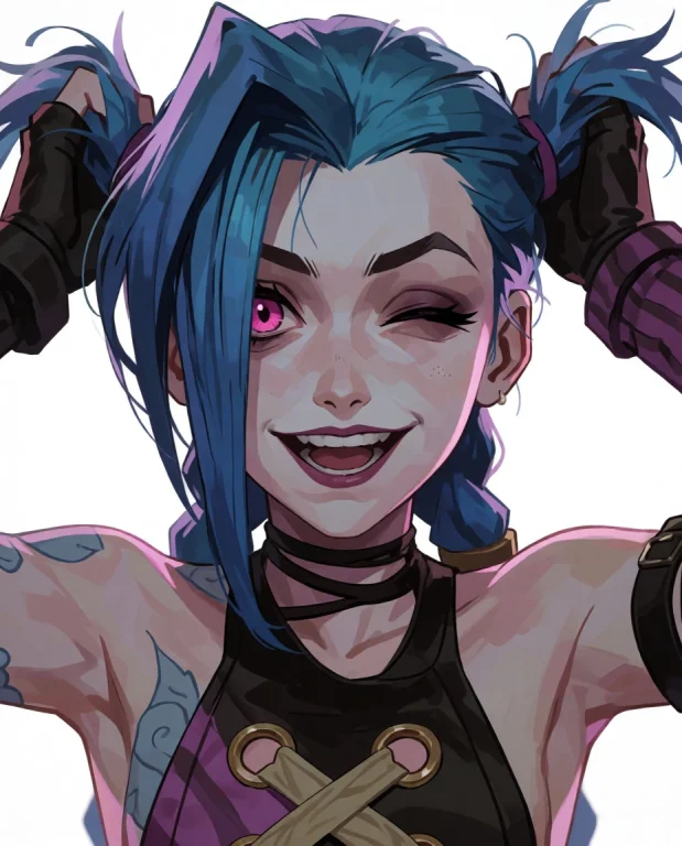 Cinematic Shot Of Jinx, Pulling Own Pigtails, Winking, Playf...