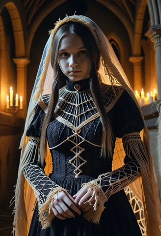 Hyperreal Gothic Ghost Girl Prompt — SDXL AI Prompt: 8k, Raw digital photo, a gothic ghost girl made partly of straw thread, eyes glo...