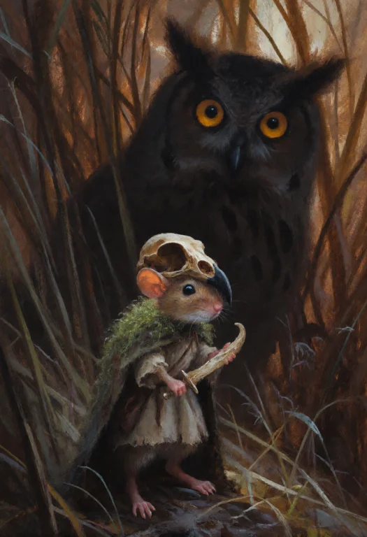 Style Of Nightjar Illustration. A Tiny Mouse Stands Amidst T...