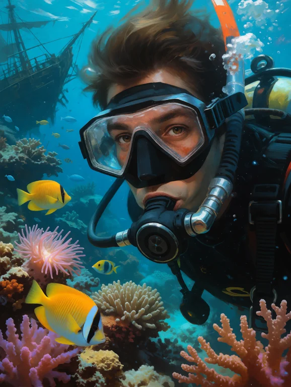 Digital Painting Closeup Portrait Of A Diver Exploring A Cor...
