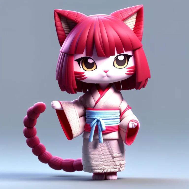 A 3d Chibi Anime Red Hair Cat Girl Wear Straw Kimono Made Of...