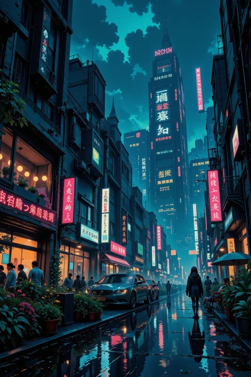 A Futuristic Cyberpunk Club Beautiful Landscape, Rainy Day,...