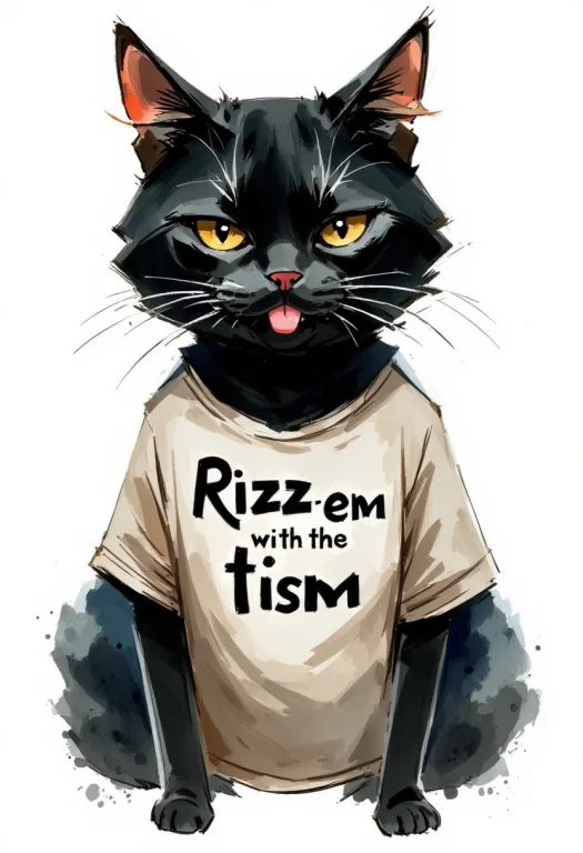 Watercolor Painting Of A Black Haired Cat Wearing A Tshirt T...