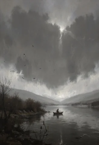 An Expansive, Monochrome Vista Of A Misty River Where The Hu... — FLUX AI Prompt: An expansive, monochrome vista of a misty river where the human figure is a minu...