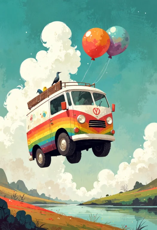 Ppstorybook,a Whimsical, Flying Van With Rainbow-colored Pai...