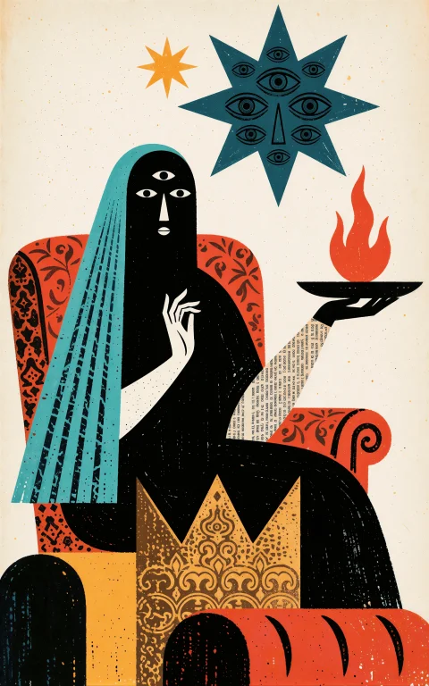 A Mysterious Black-robed Oracle Figure Seated In A Red Patte...