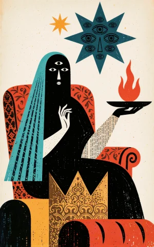 A Mysterious Black-robed Oracle Figure Seated In A Red Patte... — Stable Diffusion AI Prompt: A mysterious black-robed oracle figure seated in a red patterned armchair agains...
