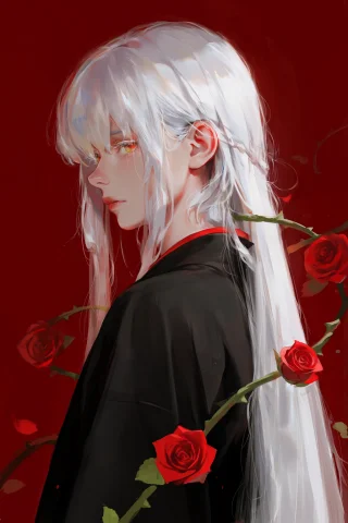 Absurdly Long Hair Male Prompt — Stable Diffusion AI Prompt: masterpiece, best quality, absurdres, safe, red background, side view, white hai...