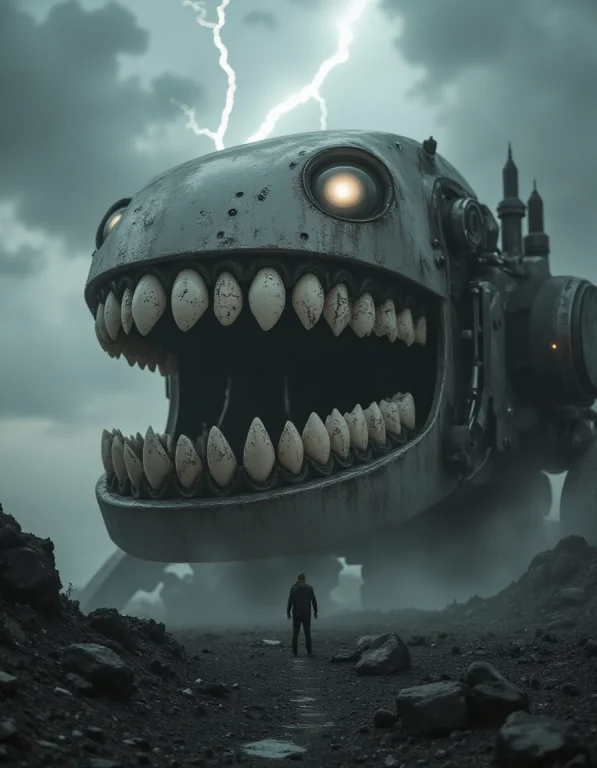A Robot The Size Of A Mountain Looms Over A Desolate, Ash-co...