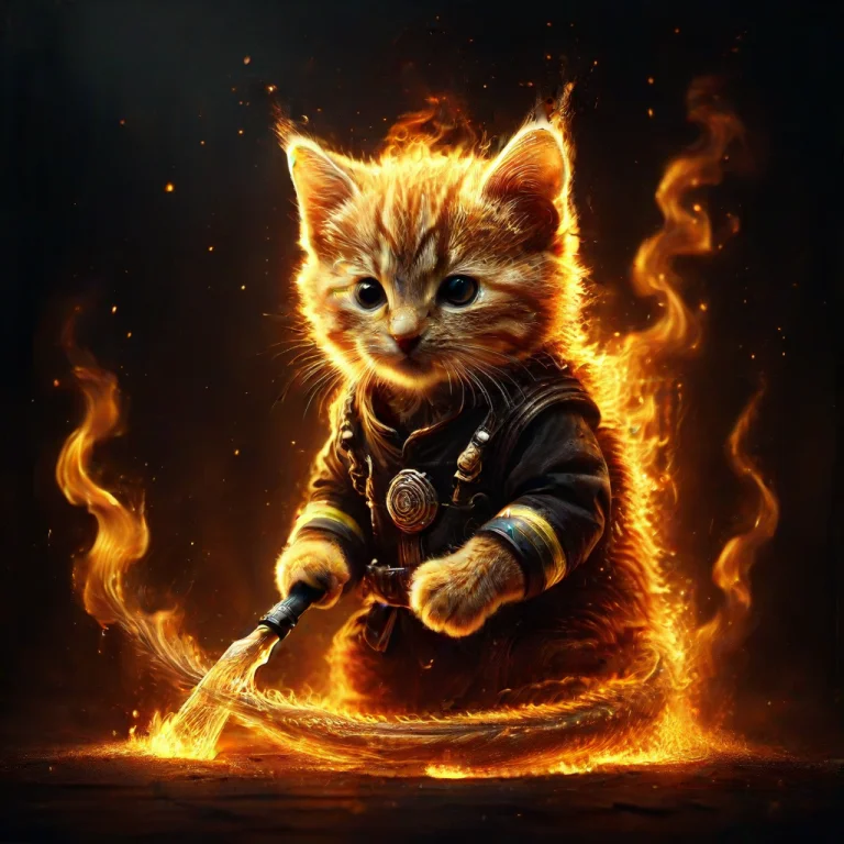 Firefighter Kitten With Hose, Extinguishing Flames, Burning...